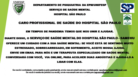 Departamento de Psiquiatria presta ajuda online à Profissionais de Saúde (público interno)